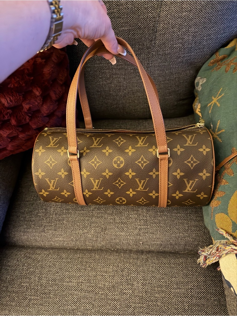 Louis Vuitton Brown Monogram Papillion Satchel with Dark Tan Straps Set